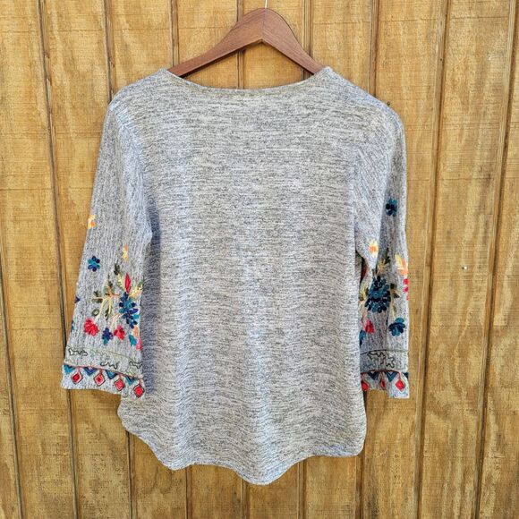 Anthropologie Fig & Flower Heather Gray Embroidered Tie Front Blouse Wm Sz PL - Picture 5 of 12